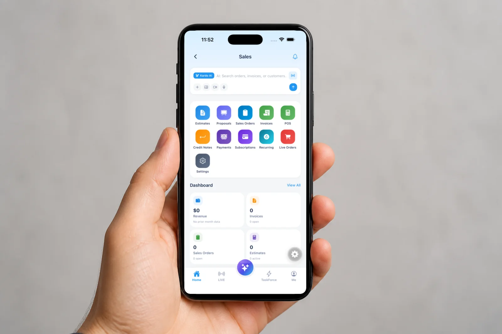A hand holding a phone showing the Kardopal Sales screen — estimates, proposals, sales orders, invoices and POS.
