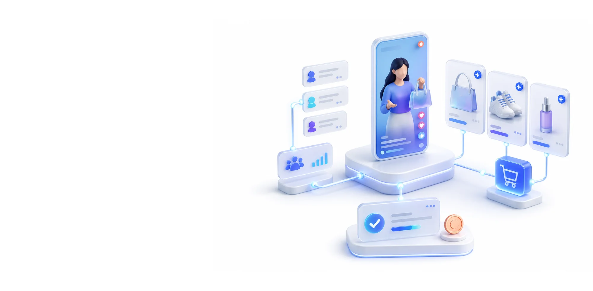 A live shopping broadcast — a presenter on screen, products tagged beside it, chat and viewer count, and an order confirmed below.