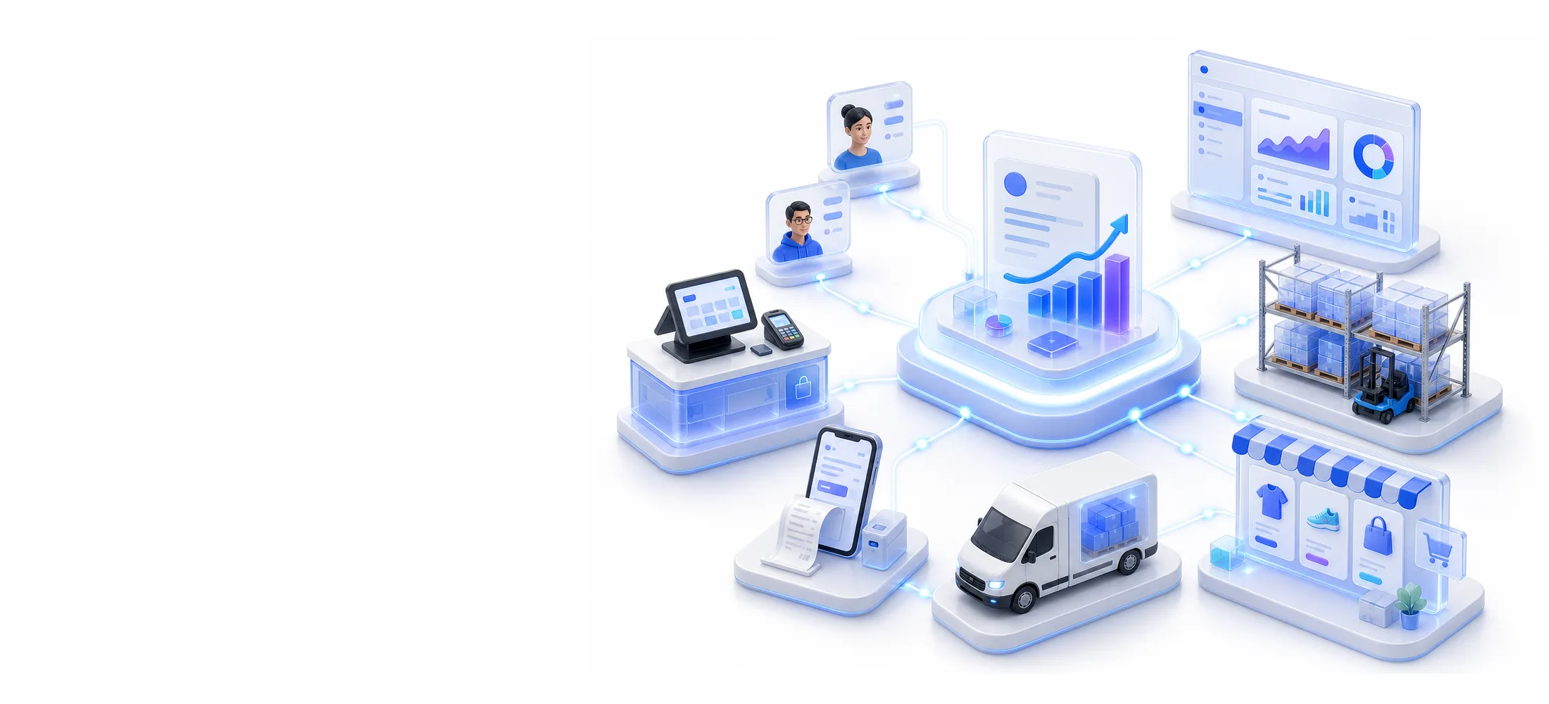 The whole Kardopal platform — counter, handheld, warehouse, dashboard, delivery, storefront and team, all connected.