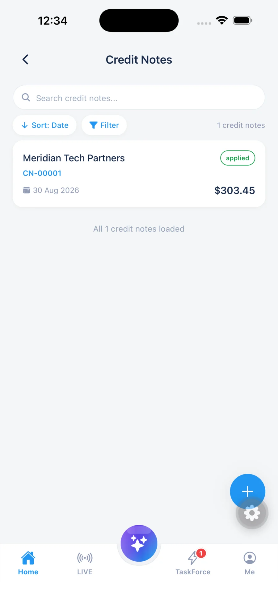 The Credit notes screen in the Kardopal app.