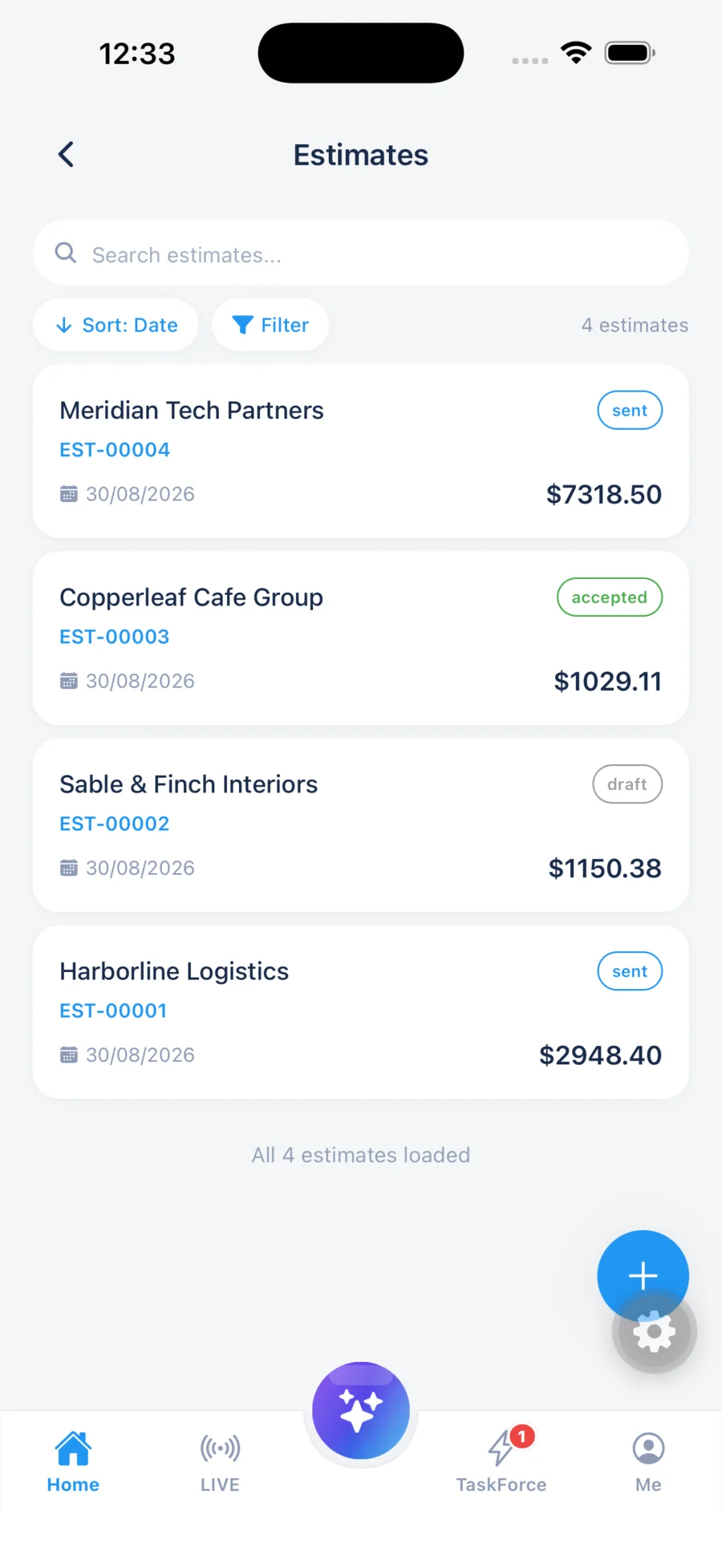 The Estimates screen in the Kardopal app.