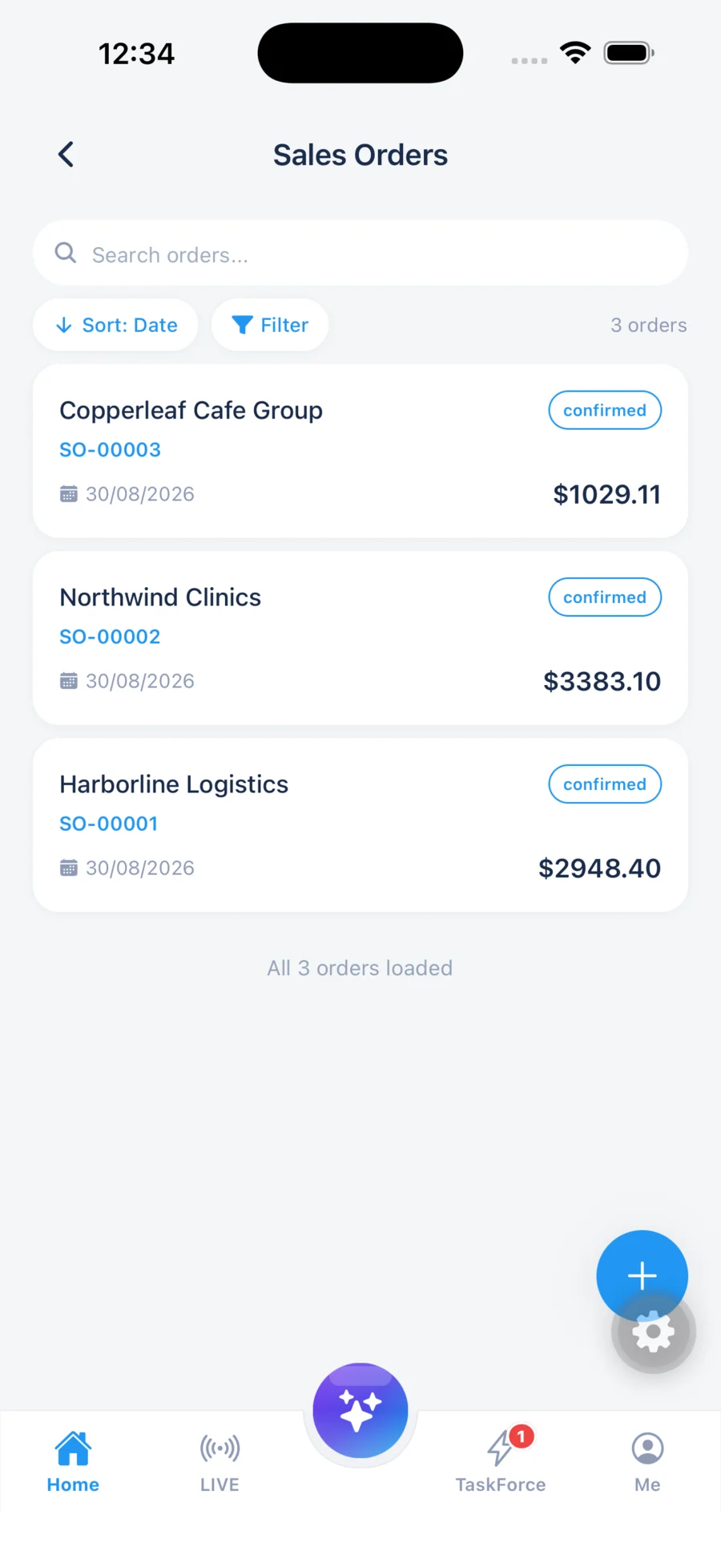 The Sales orders screen in the Kardopal app.